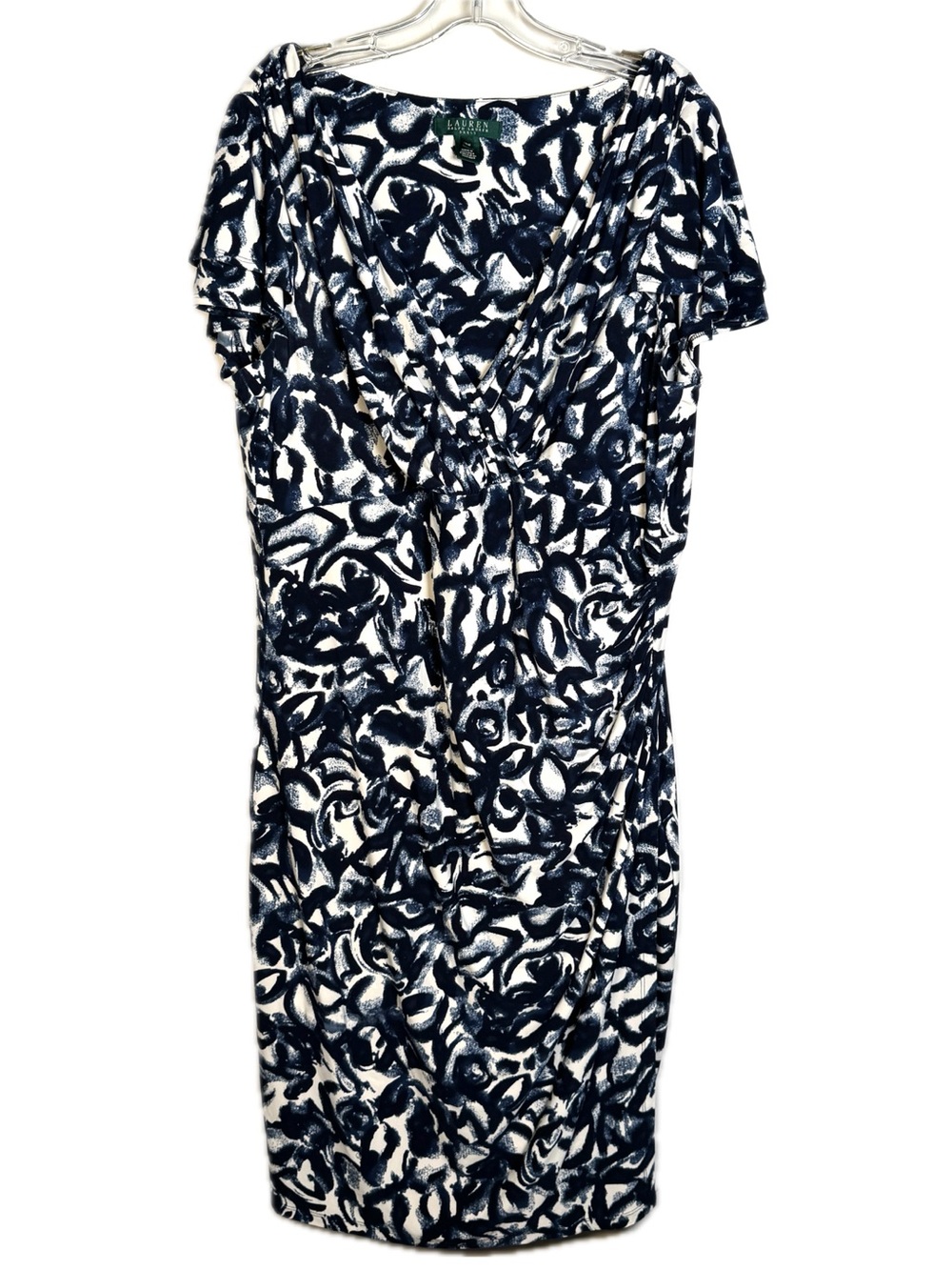 LAUREN RALPH LAUREN Plus Size 18W Navy & White Abstract Floral Dress Jersey Knit